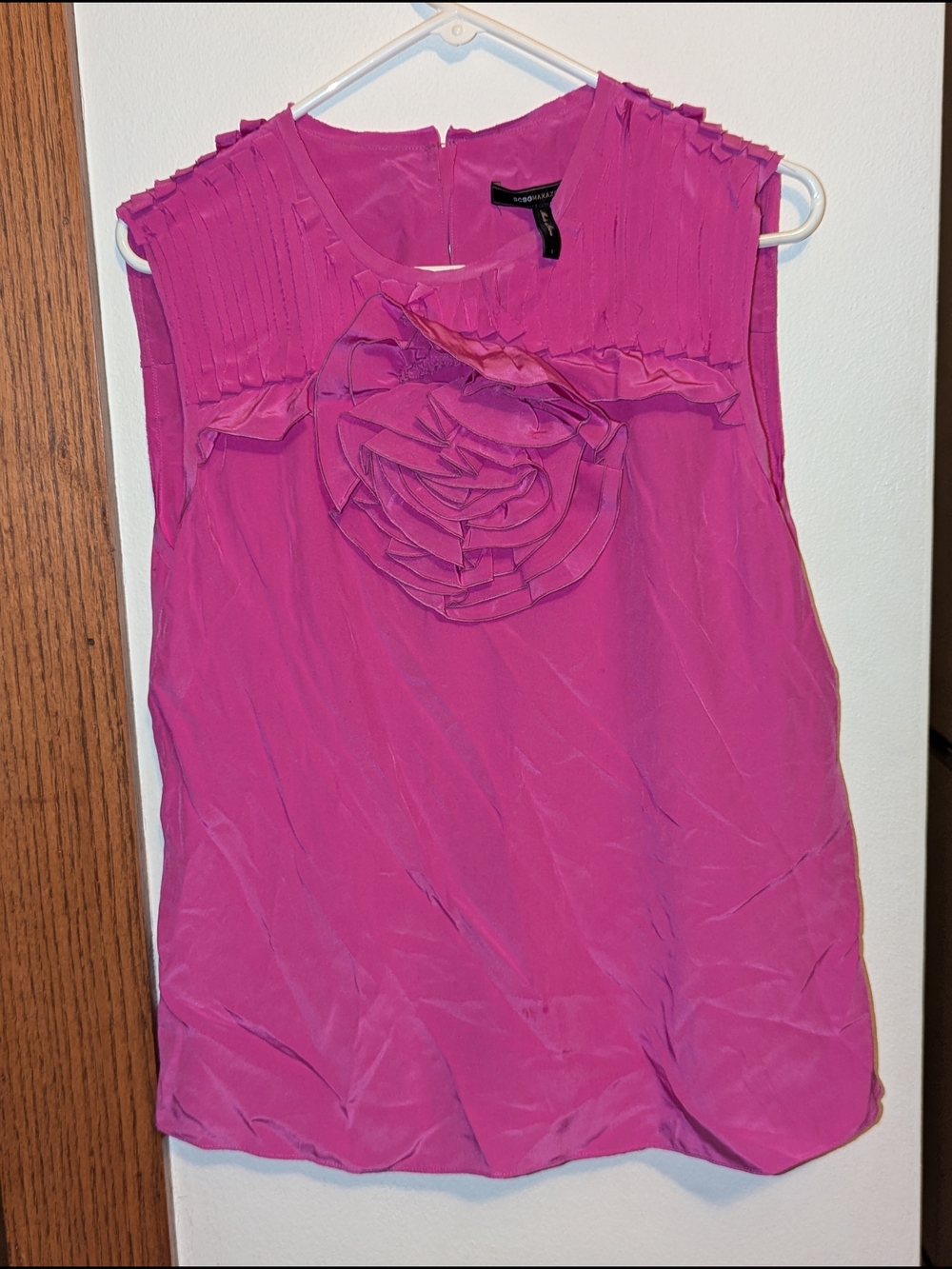 BCBGMaxAzria Sleeveless Rosette Front Blouse in Fuchsia Pink